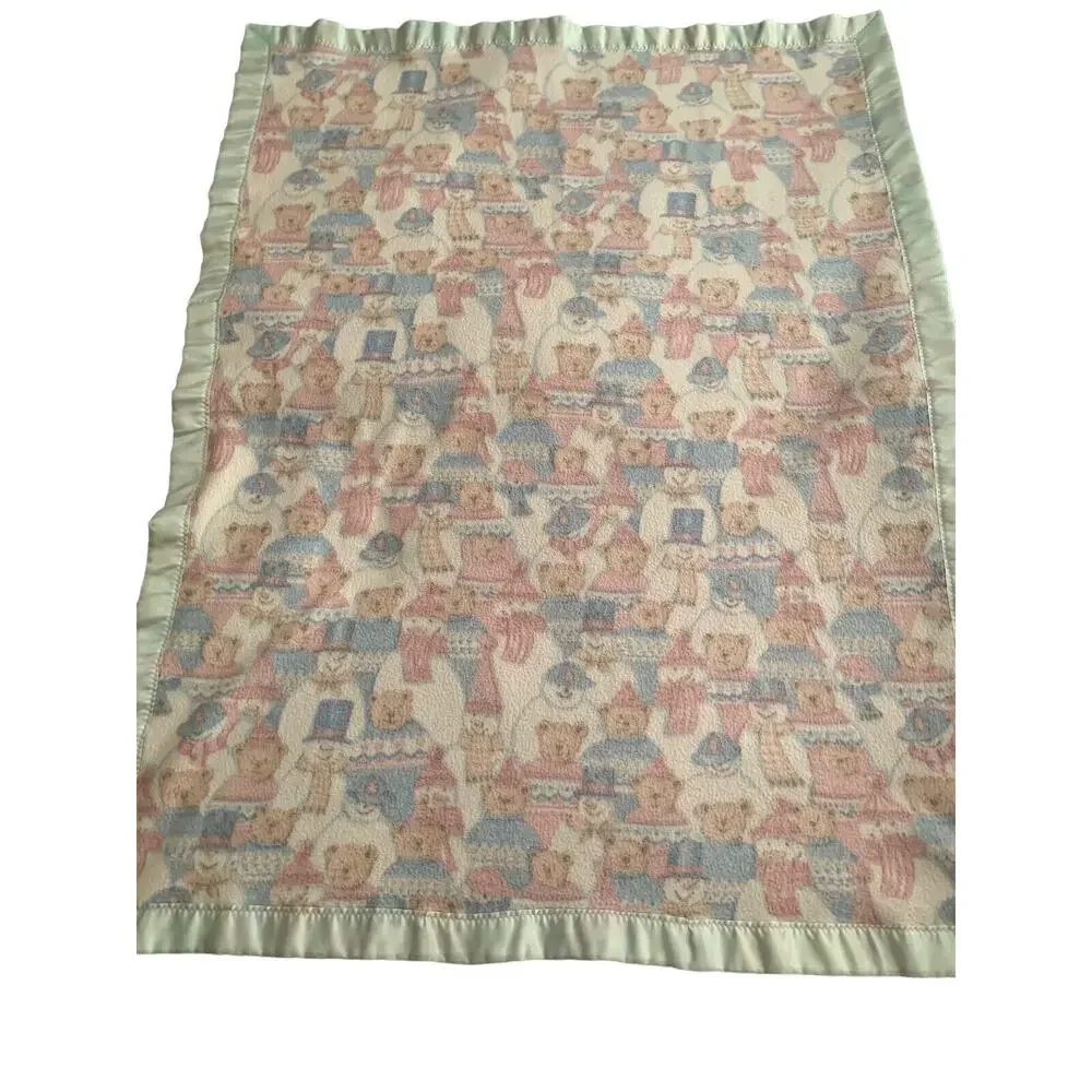 Vintage‎ Baby Blanket Teddy Bear Snowman Fleece Acrylic Trim 51 X 39